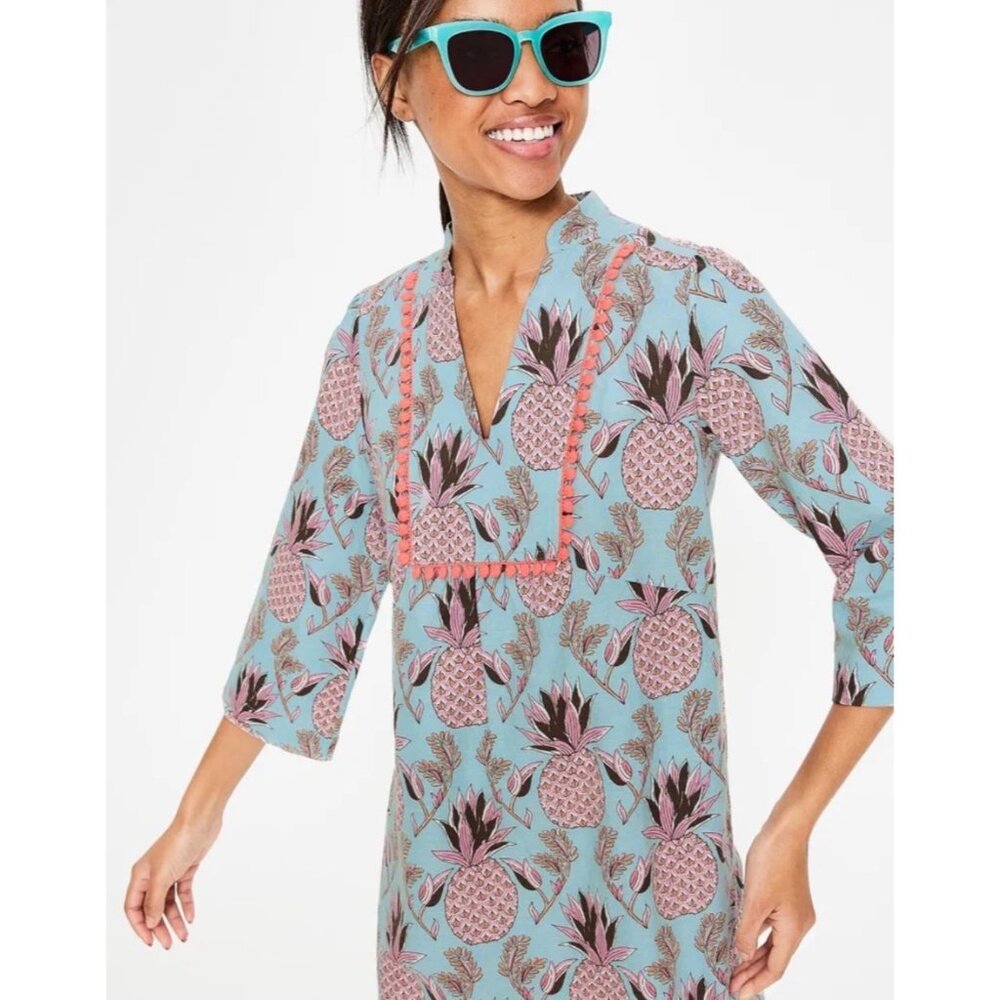 Boden Womens Tunic Top Size 6R Pineapple Print Blue & Pink Bohemian Style Cotton